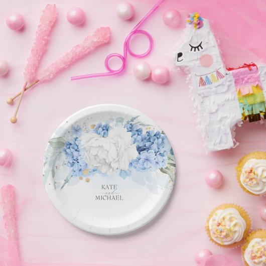 Dusty Blue und White Floral Elegant Pappteller (Party)