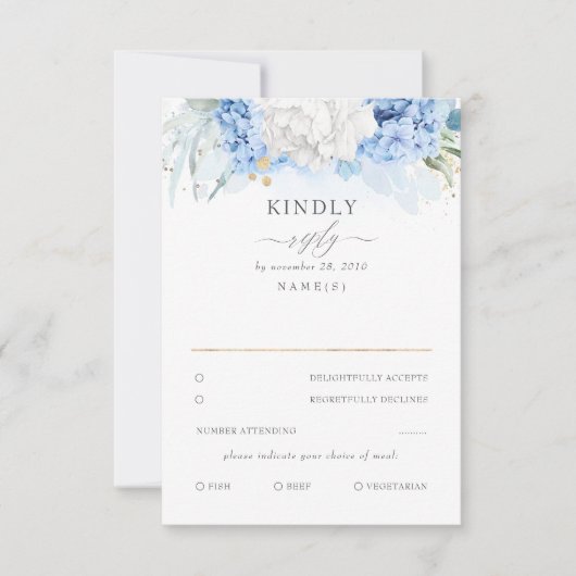 Dusty Blue und White Floral Wedding RSVP Karte (Vorderseite)