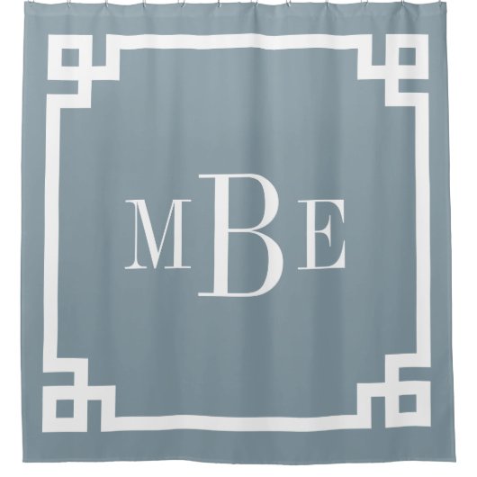 Dusty Blue und White Griechisch Key | MIT MONOGRAM Duschvorhang (Vorderseite)