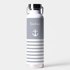 Dusty Blue und White Stripes Nautic Personalisiert Trinkflasche
