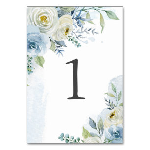 Dusty Blue und White Watercolor Blume Hochzeit Tischnummer