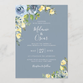Dusty Blue und Yellow Botanical Floral Wedding Einladung