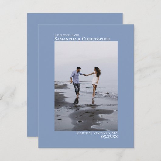 Dusty Blue Vertical Foto Minimalistisch Wedding Save The Date (Vorne/Hinten)