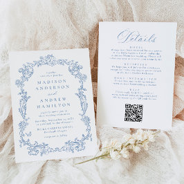 Dusty Blue Victorian Floral All in One Wedding Einladung