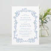 Dusty Blue Victorian Floral All in One Wedding Einladung (Stehend Vorderseite)