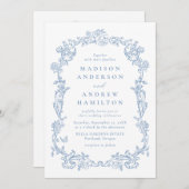 Dusty Blue Victorian Floral All in One Wedding Einladung (Vorne/Hinten)