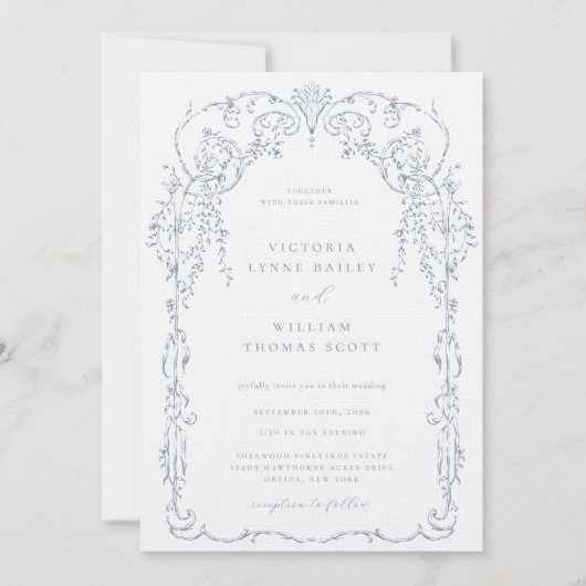 Dusty Blue Victorian Frame Wedding Einladung (Vorderseite)