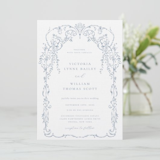 Dusty Blue Victorian Frame Wedding Einladung (Stehend Vorderseite)