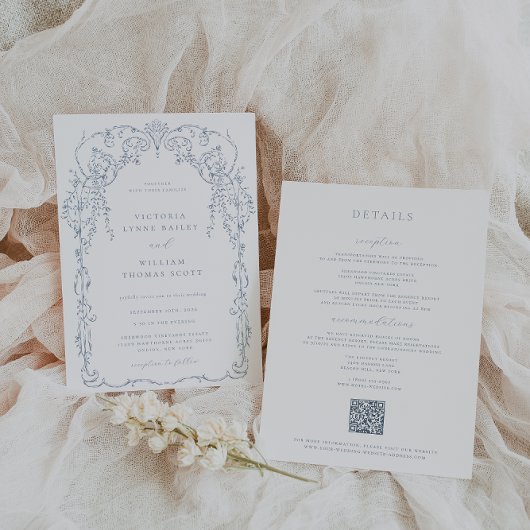 Dusty Blue Viktorianisch Frame Wedding Einladung