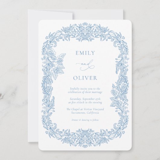 Dusty Blue Vintag Baroque Floral Wedding Einladung (Vorderseite)