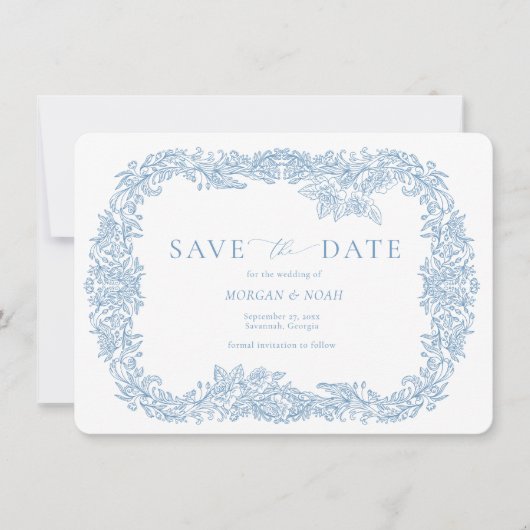 Dusty Blue Vintag Baroque Save the Date Einladung (Vorderseite)