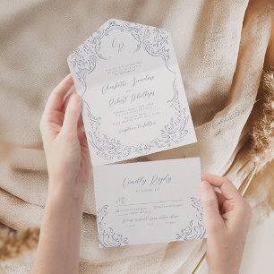 Dusty Blue Vintag Blüh Monogram Wedding All In One Einladung