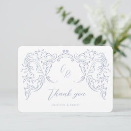 Dusty Blue Vintag Blüh Monogram Wedding Dankeskarte