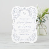 Dusty Blue Vintag Blüh Monogram Wedding Einladung (Stehend Vorderseite)