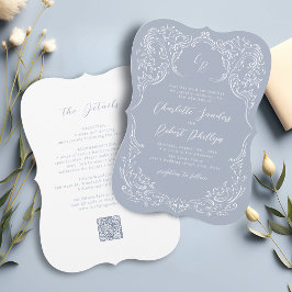 Dusty Blue Vintag Blüh Monogram Wedding Einladung