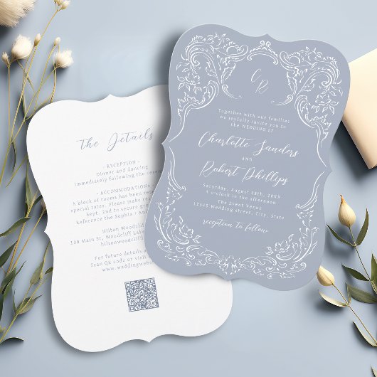 Dusty Blue Vintag Blüh Monogram Wedding Einladung
