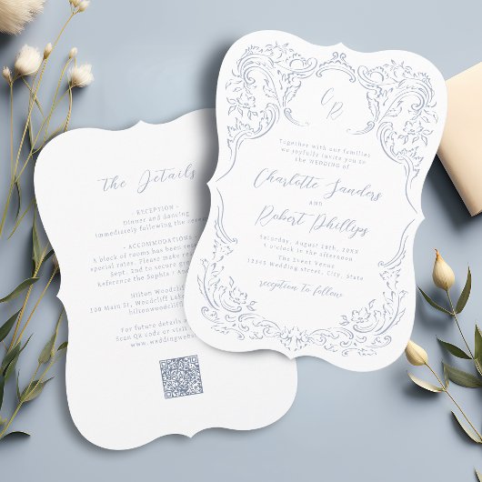 Dusty Blue Vintag Blüh Monogram Wedding Einladung