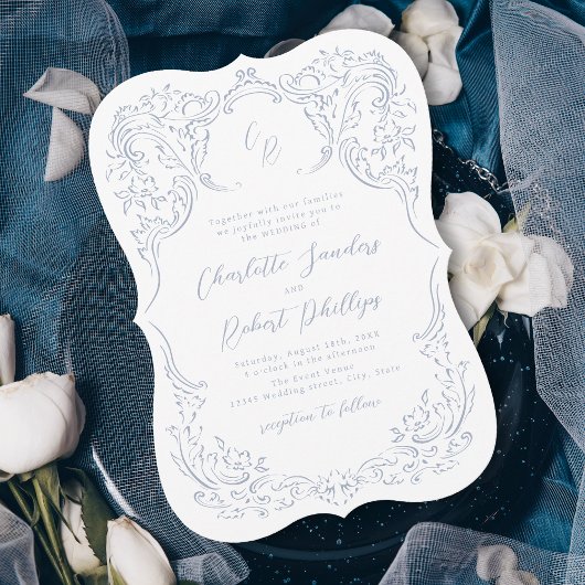 Dusty Blue Vintag Blüh Monogram Wedding Einladung