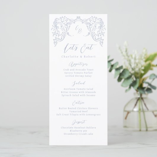 Dusty Blue Vintag Blüh Monogram Wedding Menükarte (Stehend Vorderseite)