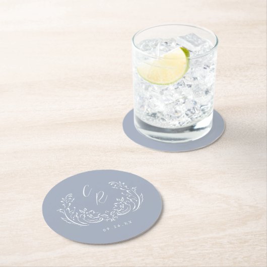 Dusty Blue Vintag Blüh Wedding Monogram Runder Pappuntersetzer (Vor Ort)