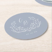 Dusty Blue Vintag Blüh Wedding Monogram Runder Pappuntersetzer (Angewinkelt)