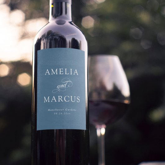 Dusty Blue Vintag Calligraphy Wedding Weinetikett