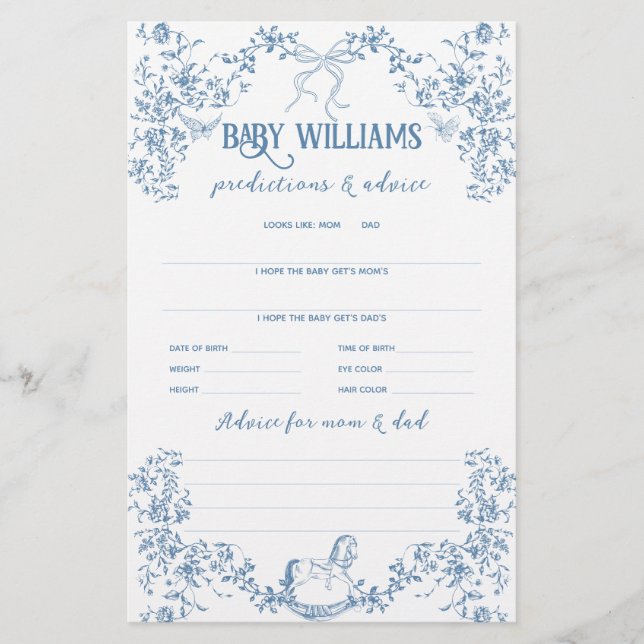 Dusty Blue Vintag Floral Baby Prediction Game (Vorderseite)