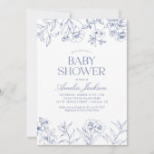 Dusty Blue Vintag Floral Chinoiserie Babydusche Einladung (Vorderseite)