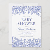 Dusty Blue Vintag Floral Chinoiserie Babydusche Einladung (Vorderseite)