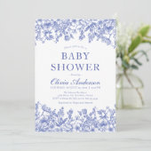 Dusty Blue Vintag Floral Chinoiserie Babydusche Einladung (Stehend Vorderseite)