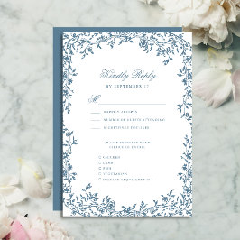 Dusty Blue Vintag Floral Elegante Script Wedding RSVP Karte