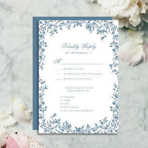 Dusty Blue Vintag Floral Elegante Script Wedding RSVP Karte