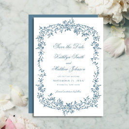 Dusty Blue Vintag Floral Elegante Script Wedding Save The Date