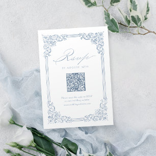 Dusty Blue Vintag Frame Elegant QR Code Wedding RSVP Karte