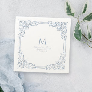 Dusty Blue Vintag Frame Elegant Wedding Monogram Serviette