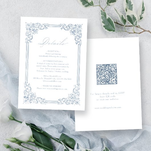 Dusty Blue Vintag Frame Elegante Hochzeitdetails Begleitkarte