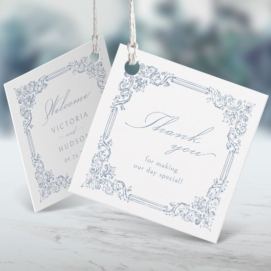 Dusty Blue Vintag Frame Elegante Script Wedding Geschenkanhänger