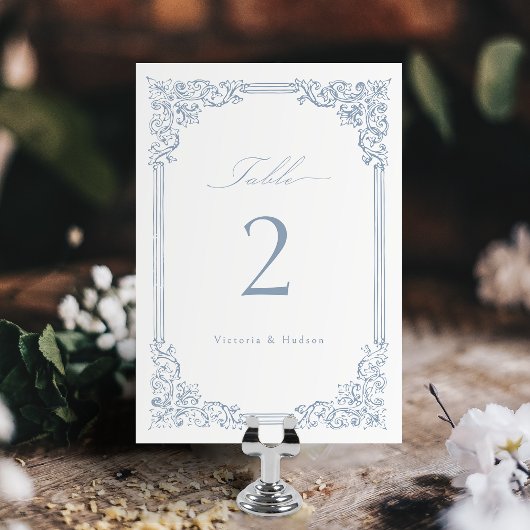 Dusty Blue Vintag Frame Elegante Script Wedding Tischnummer