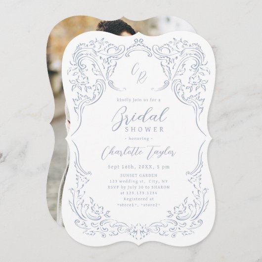 Dusty Blue Vintag Monogram Brautparty Einladung (Vorne/Hinten)