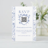 Dusty Blue Vintag Rose Wappen Hochzeitsstichcode RSVP Karte (Stehend Vorderseite)