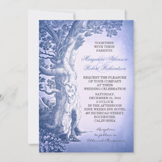 Dusty Blue Vintag Rustic Liebe Tree Wedding Einladung (Vorderseite)