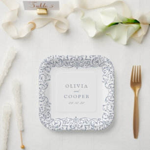 Dusty Blue Vintag Verziert Frame Classic Wedding Pappteller