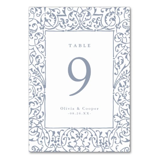 Dusty Blue Vintag Verziert Frame Classic Wedding Tischnummer (Vorderseite)