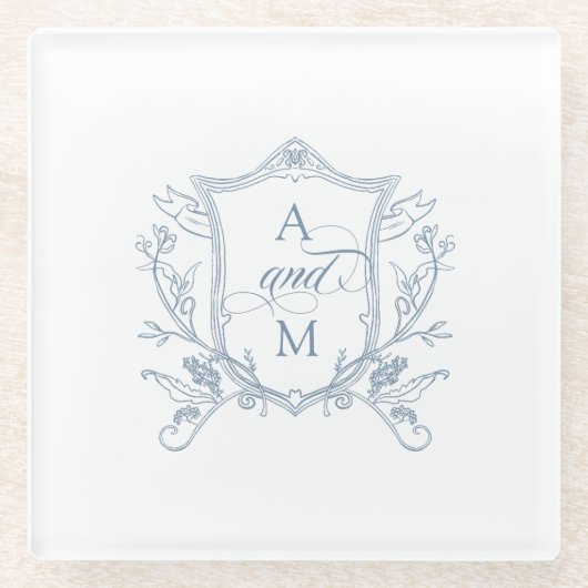 Dusty Blue Vintag Wappen Wedding Glasuntersetzer (Vorderseite)