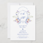 Dusty Blue Wappen Floral Wedding Einladung (Vorderseite)