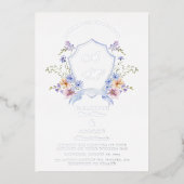 Dusty Blue Wappen Floral Wedding Folieneinladung (Vorderseite)