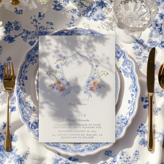 Dusty Blue Wappen Floral Wedding Folieneinladung