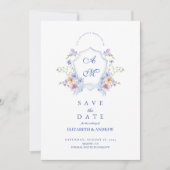Dusty Blue Wappen Floral Wedding Save The Date (Vorderseite)