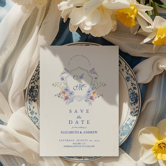 Dusty Blue Wappen Floral Wedding Save The Date
