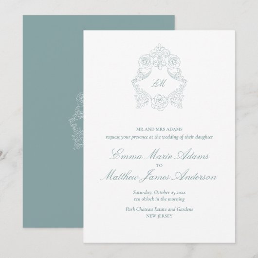 Dusty Blue Wappen Monogram Hosting Einladung (Vorne/Hinten)